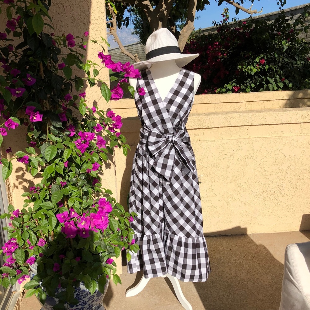 J Crew Sleeveless Faux-Wrap Dress in Black and White Gingham